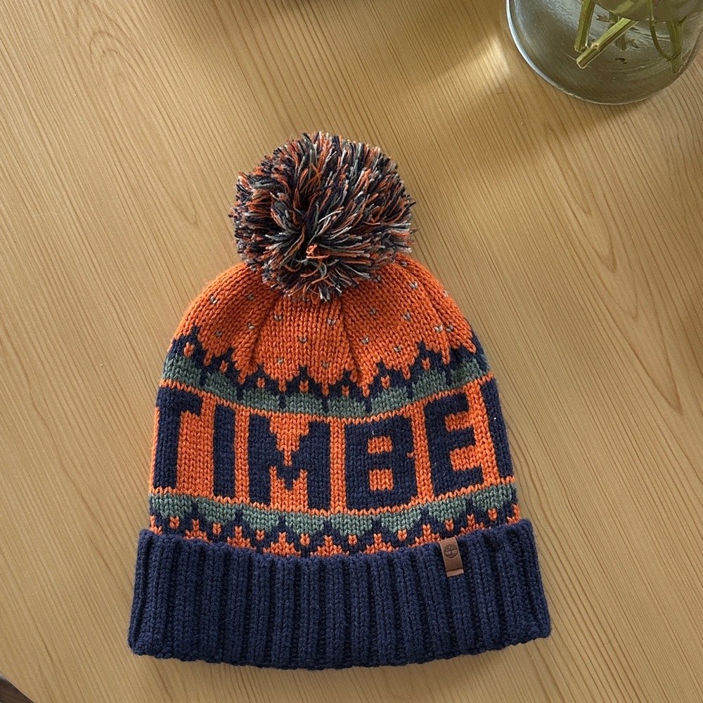 Timberland Kids' Orange and Navy Pom-Pom Beanie